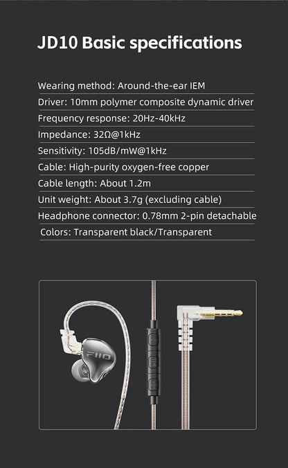FiiO JD10 Wired In-Ear Earphones HiFi Bass Stereo Earbuds with 3.5mm Type-C Connector, High Resolution Audio Music Earphones for Gaming, Sports & Daily Use