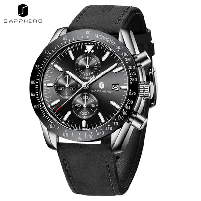 SAPPHERO Men Chronograph Watch High Precision Quartz Movement Blue Dial Date Display 50M Waterproof Luxury Sport Wristwatch Gift