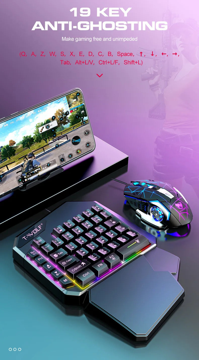 Gamer Kit Mobile Gaming Keyboard Mouse Mobile Games Converter 3 In 1 Combo One Hand Keyboard for PUBG Mobile Games TF900