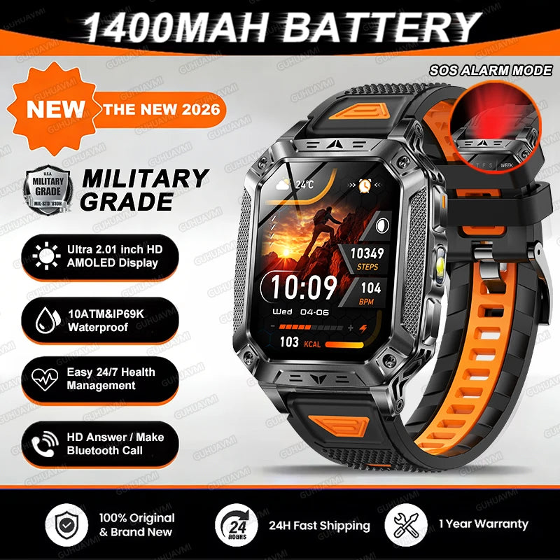 2026 TANK New 1400mAh Military GPS Smart Watch Men 2.01" AMOLED Screen 10ATM Waterproof Clock SOS Call Flashlight Smartwatch iOS