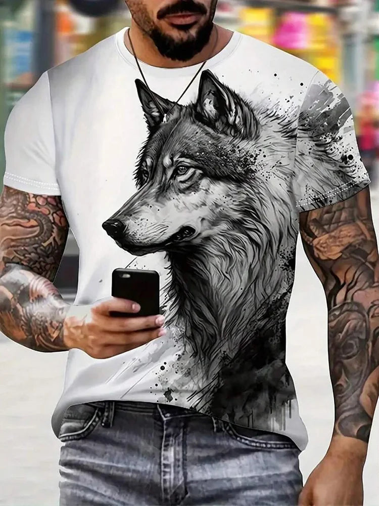 Camiseta de hombre con estampado de lobo en 3D, de cuello redondo y manga corta, de estilo informal, confeccionada en tejido transpirable y cómodo. Ropa urbana y de exterior para hombre.