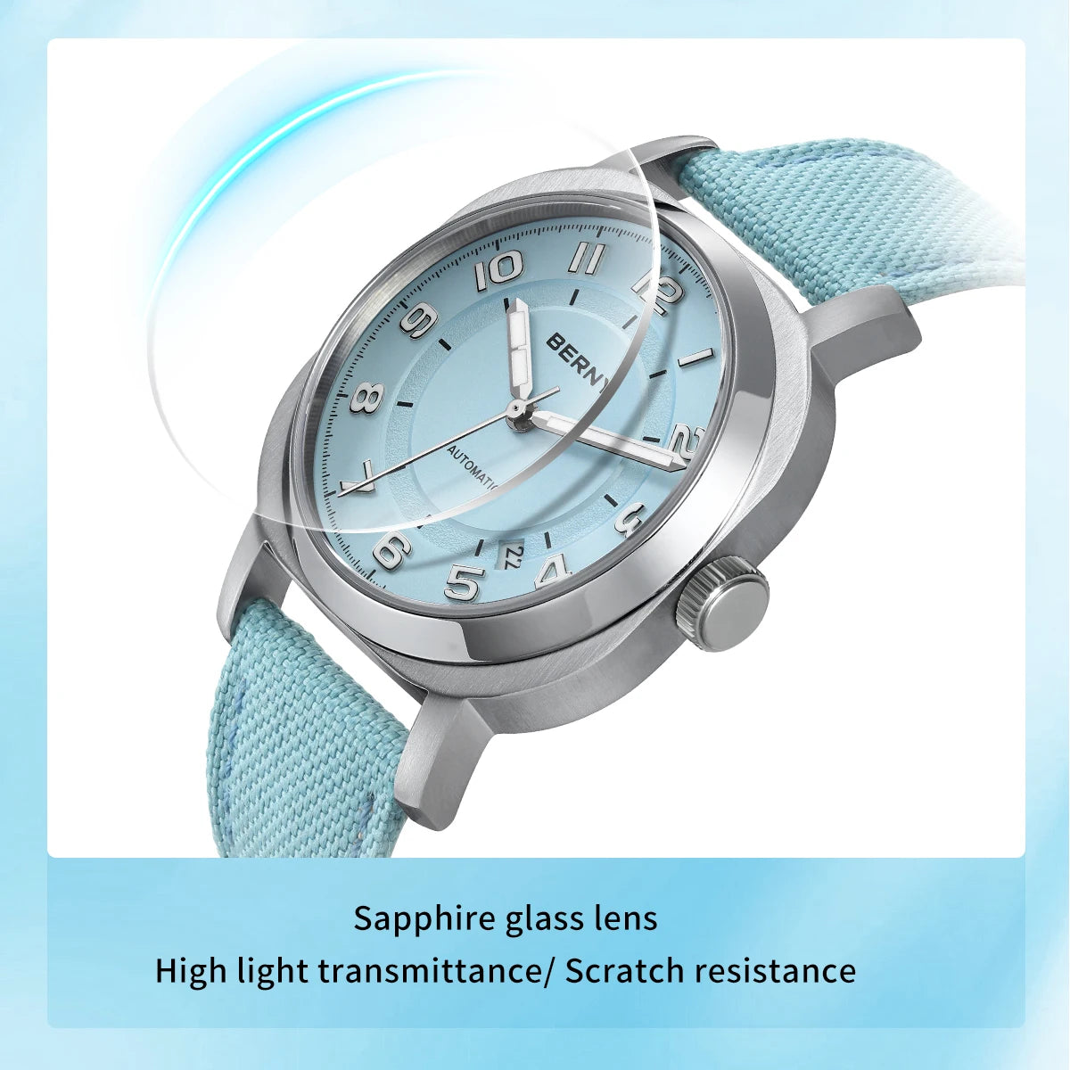 BERNY Mechanical Watch For Women Self-wind Pillow Cushion Sapphire Super Luminous Wristwatch Canvas Calendar Watch For Ladies