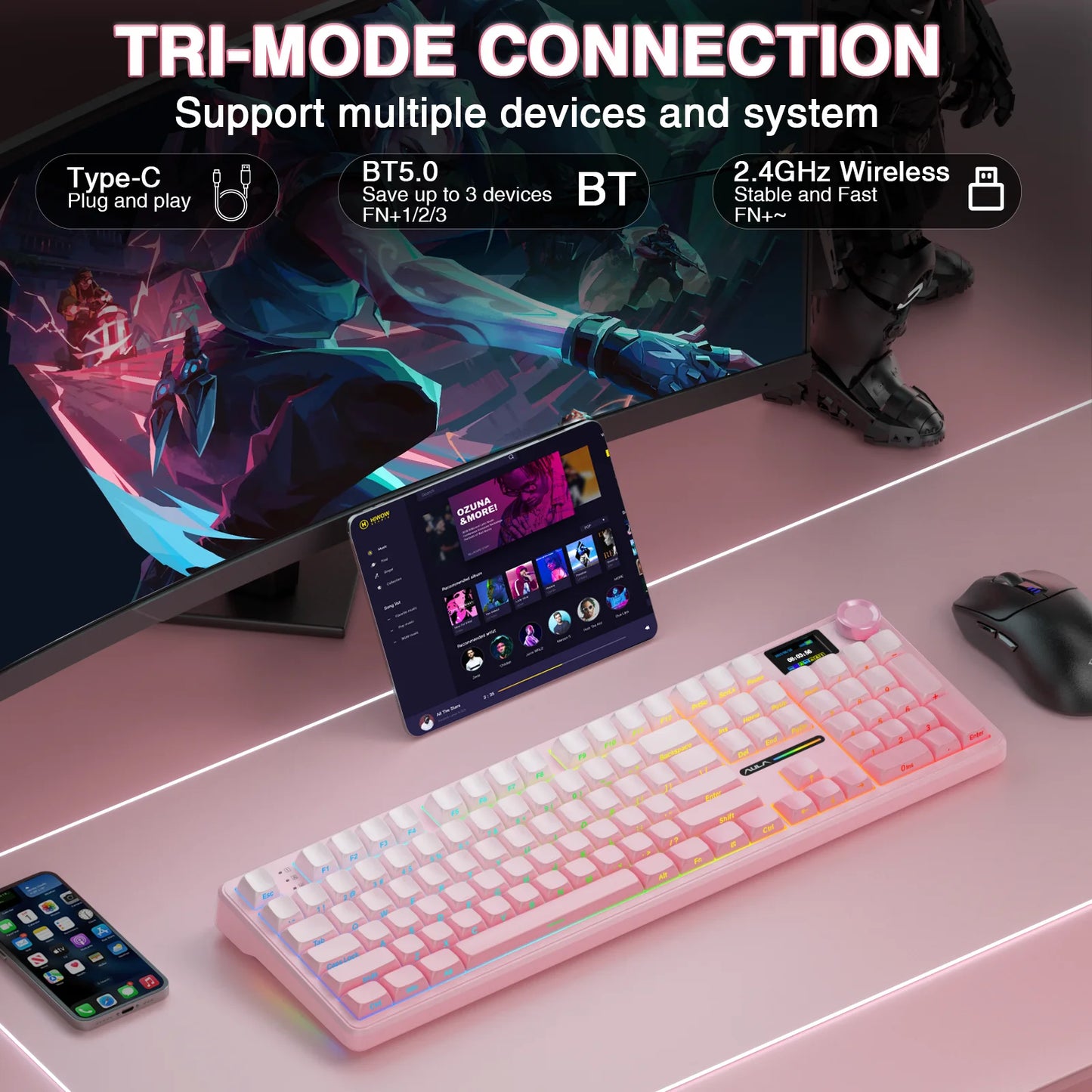 AULA F108 Pro Wireless Bluetooth Keyboard Macro Gaming Keyboard Gasket Hot-Swap Full Size Keyboard with TFT Smart Display