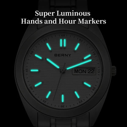 BERNY Full Titanium Men Watch Date Week Quartz Watches Calendar Sapphire Super Luminous 100M Waterproof Lightweight Wristwatch