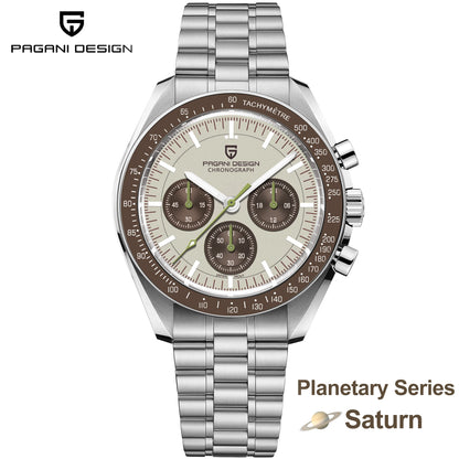 Relógio masculino PAGANI DESIGN Série Planetary Saturn Light Tan Quartz Speed Chronograph com cristal de safira AR — Novo 2026