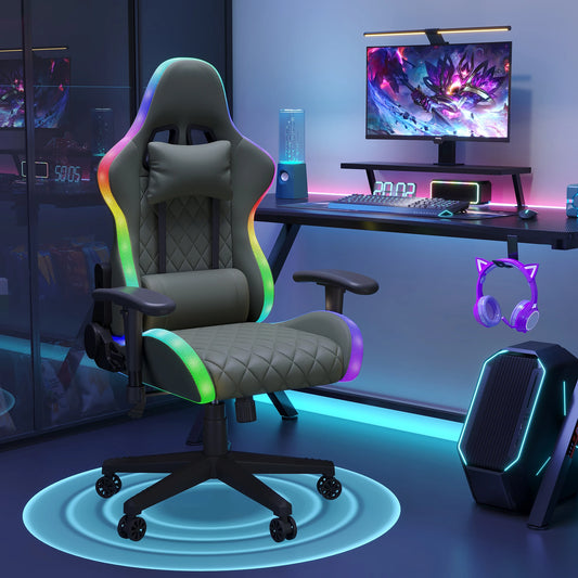 Comanlai Ergonomic Gaming Chair with RGB Lighting, PVC Leather Computer Chair, Adjustable Seat Height and Backrest, Waist Massage