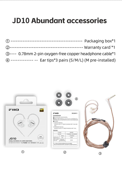 FiiO JD10 Wired In-Ear Earphones HiFi Bass Stereo Earbuds with 3.5mm Type-C Connector, High Resolution Audio Music Earphones for Gaming, Sports & Daily Use