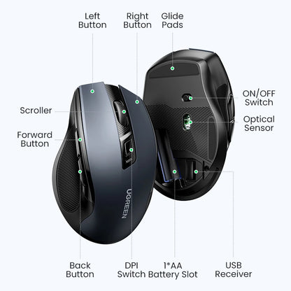 Mouse wireless UGREEN Bluetooth 5.0 ergonomico 4000DPI con 6 pulsanti silenziosi per MacBook, tablet, laptop, computer e PC, mouse 2.4G