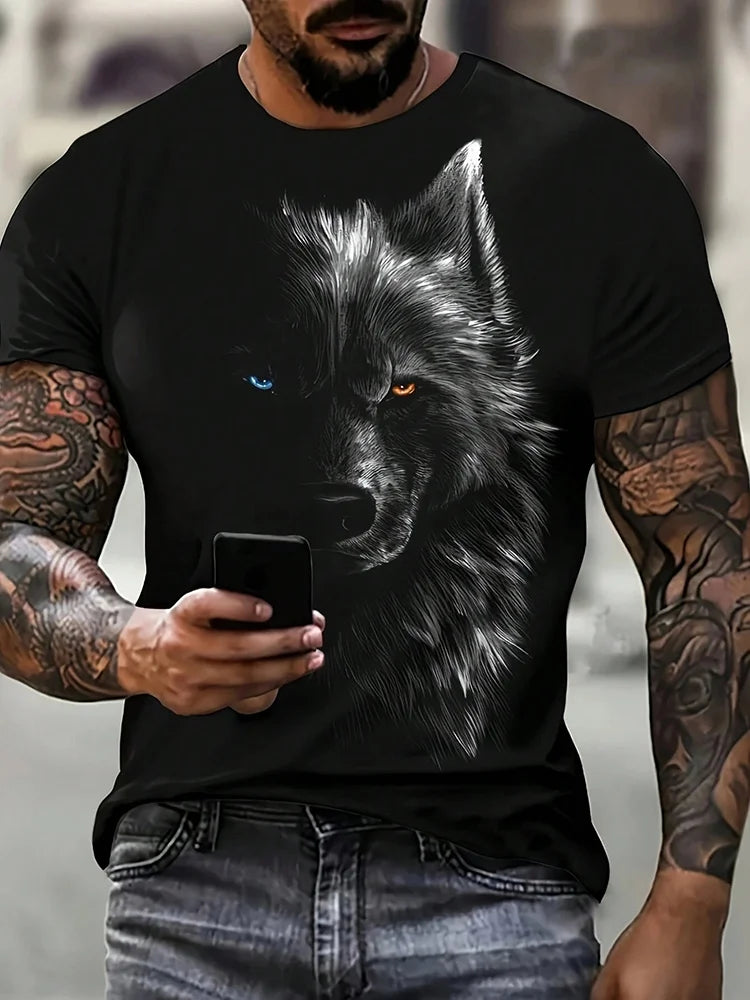 Camiseta de hombre con estampado de lobo en 3D, de cuello redondo y manga corta, de estilo informal, confeccionada en tejido transpirable y cómodo. Ropa urbana y de exterior para hombre.