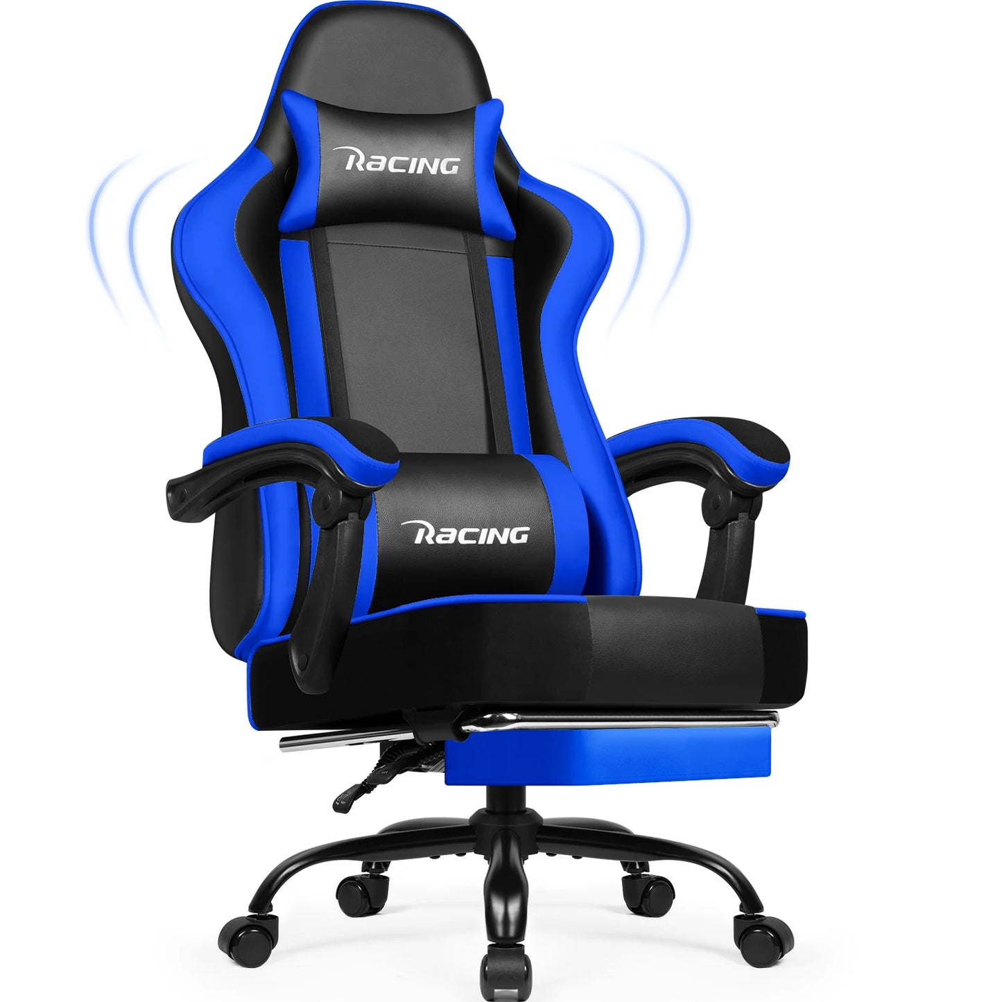Portreen Gaming chair with footrest, ergonomic gaming chair, gaming armchair with adjustable lumbar cushion and headrest, height-adjustable swivel, rocking function up to 170°, gaming chair for up to 150 kg, black, perfect f