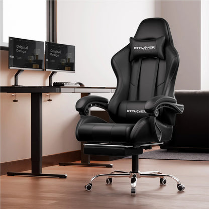 GTPLAYER Gaming Chair with Massage Lumbar Cushion & Footrest, Ergonomic Office Chair with Padded Seat, Swivel Chair up to 150 kg