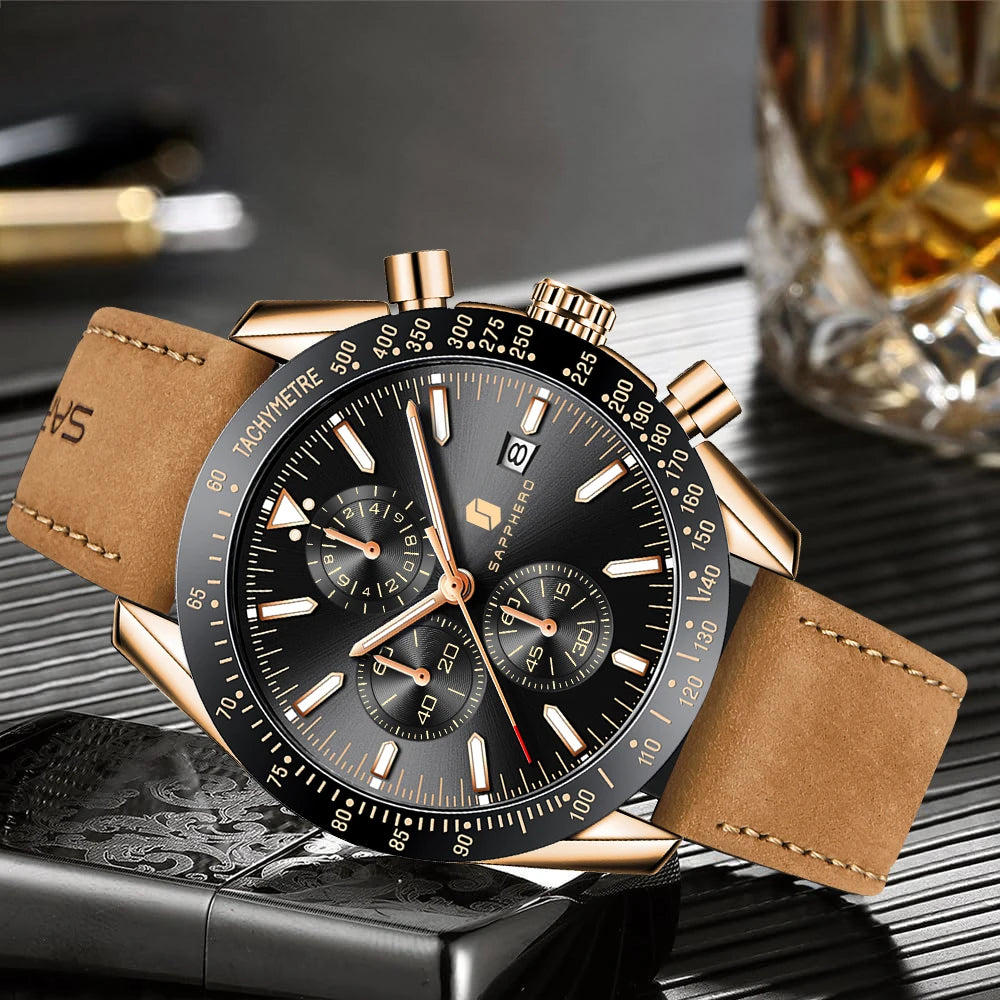SAPPHERO Men Chronograph Watch High Precision Quartz Movement Blue Dial Date Display 50M Waterproof Luxury Sport Wristwatch Gift