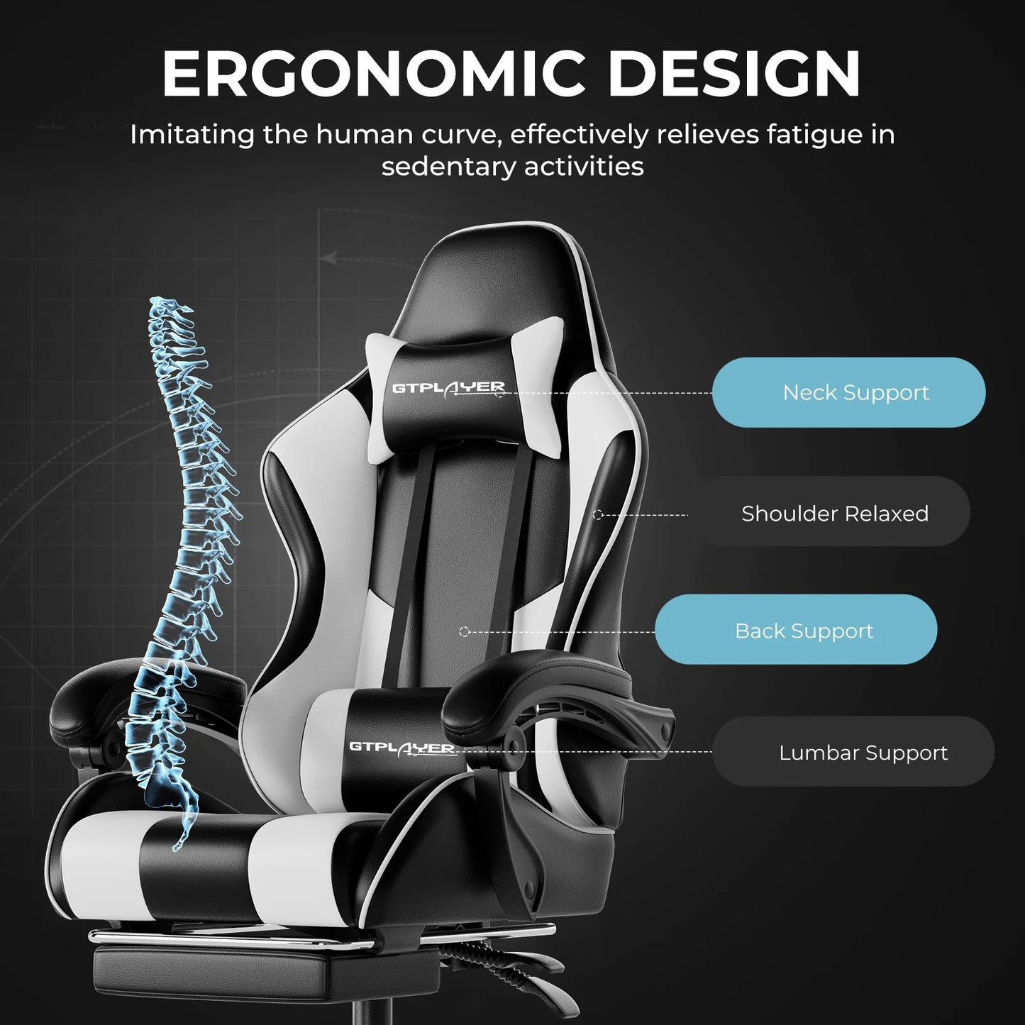 GTPLAYER Gaming Chair with Massage Ergonomic Desk Chair Footrest Headrest Rotary Chair for Office and Gamers