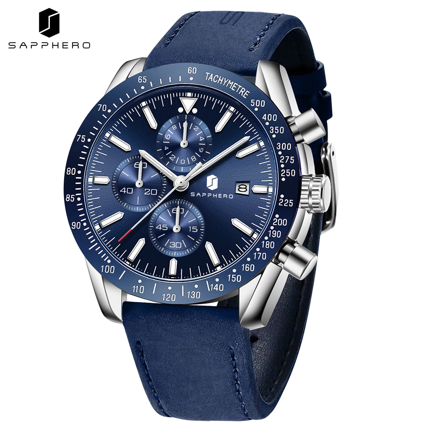 SAPPHERO Men Chronograph Watch High Precision Quartz Movement Blue Dial Date Display 50M Waterproof Luxury Sport Wristwatch Gift
