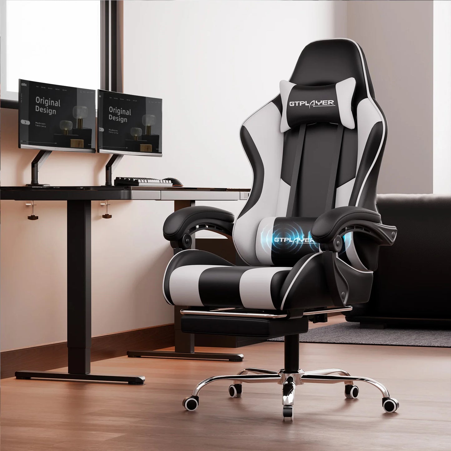 GTPLAYER Gaming Chair with Massage Ergonomic Desk Chair Footrest Headrest Rotary Chair for Office and Gamers