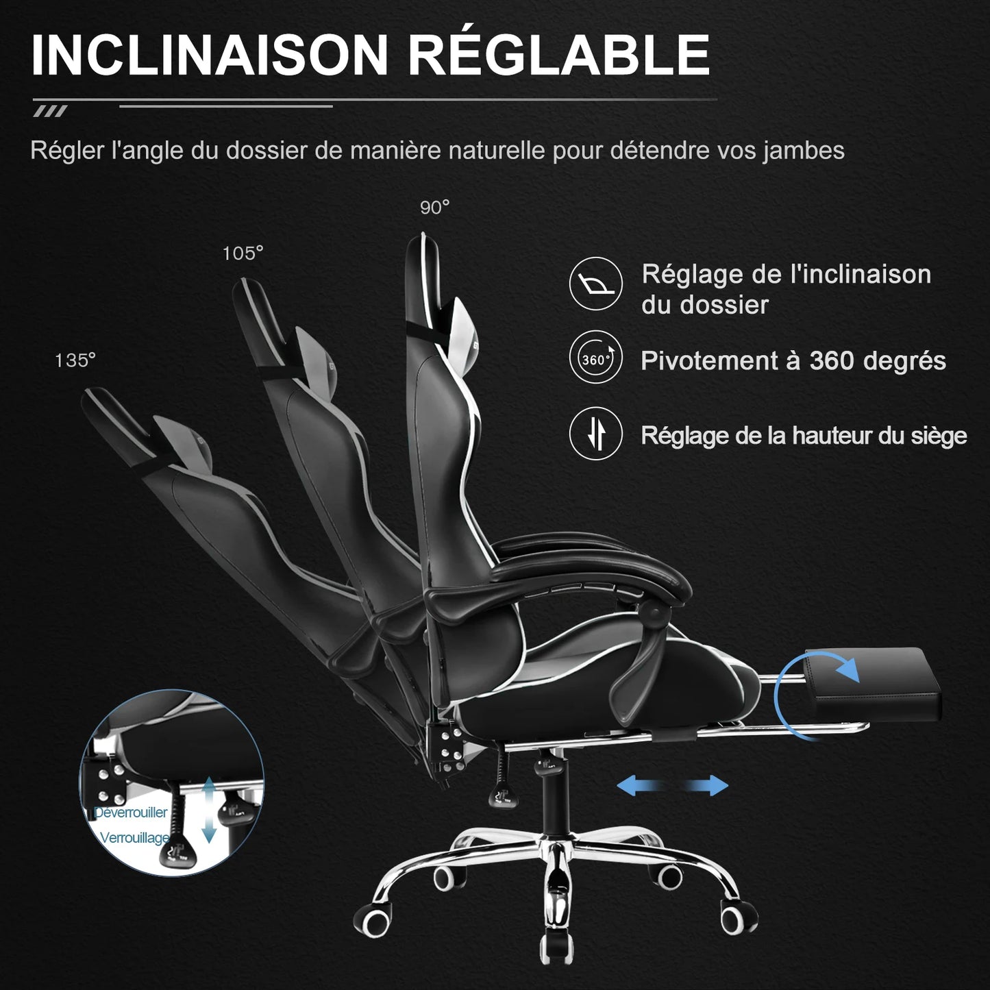 GTPLAYER Gaming Chair with Massage Ergonomic Desk Chair Footrest Headrest Rotary Chair for Office and Gamers