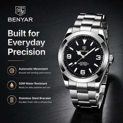 BENYAR Luxury Men Mechanical Wristwatches Stainless Steel Sports Men Automatic Watches 50ATM waterproof Clock