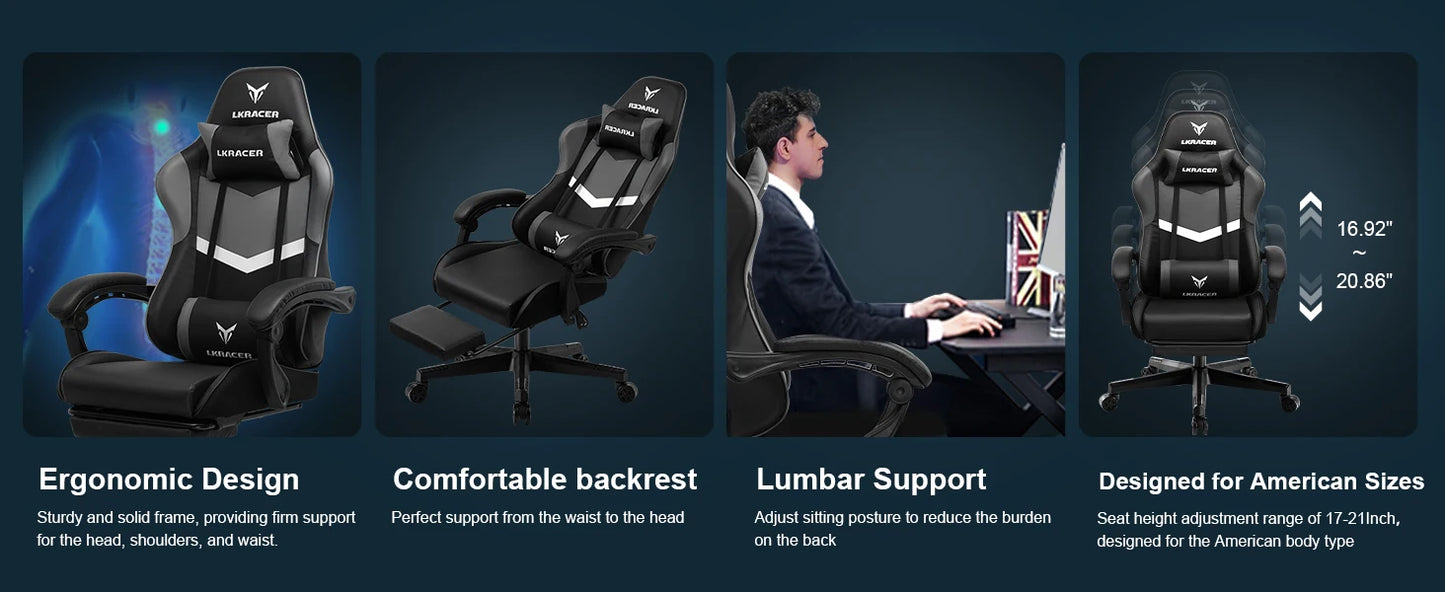LUCK RACER Gaming Chair with Footrest Office Chair Ergonomic with Adjustable Lumbar Pillows, Pillow Gaming Chair