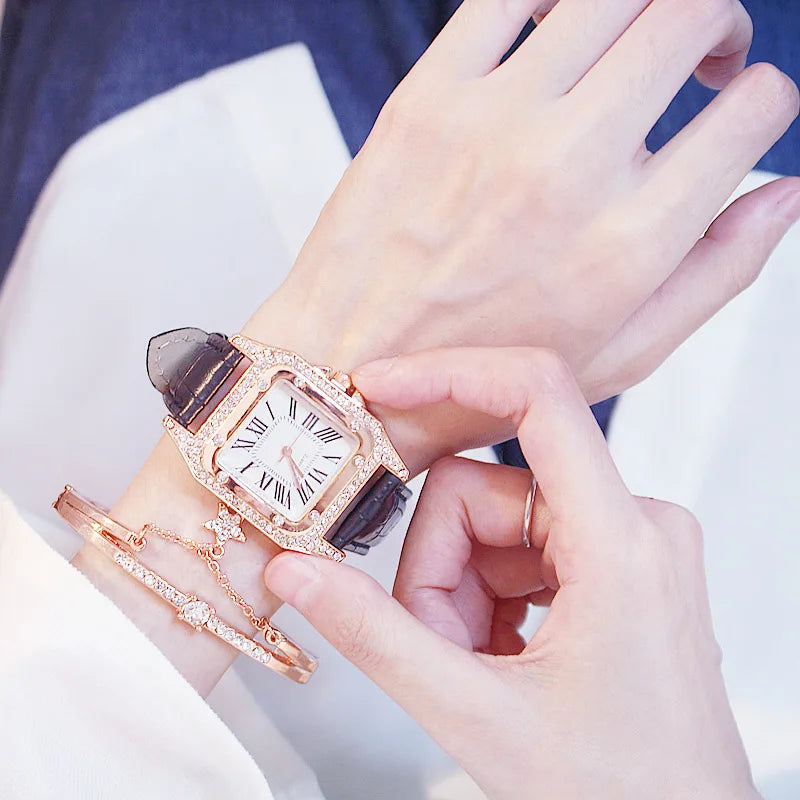 Square Women Watches Waterproof Luxury Rhinestone Quartz Wristwatch PU Leather Ladies Watch Female Ladies Watch Gift Wrist Watch