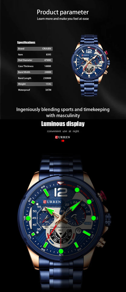 CURREN Men’s Luxury Quartz Chronograph Watch  Sport Design, Waterproof & Date Display
