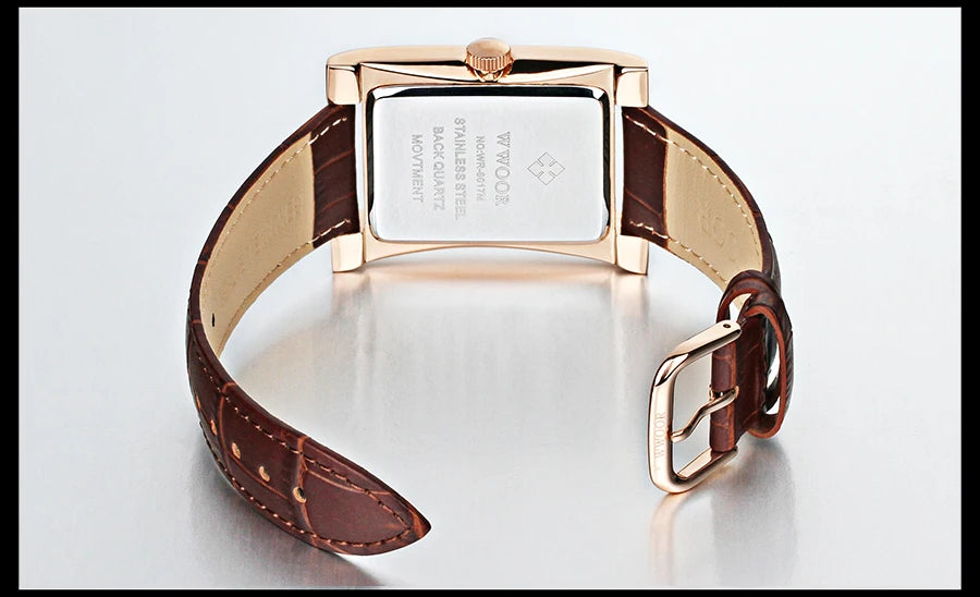 WWOOR Brand Classic Fashion Mens Rectangle Watches Male Gold Brown Leather Quartz Waterproof Wrist Watch For Men Calendar Clocks