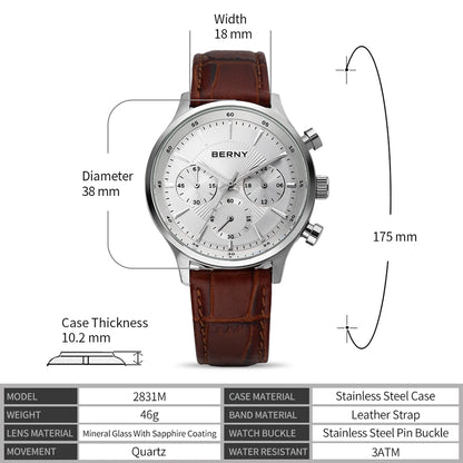 BERNY 24H Chronograph Watch for Men Luxury VD54 Watches Fashion Waterproof Genuine Leather Strap Quartz Sport Men's Wristwatch