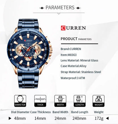 Relogio Masculino CURREN Business Men Watch Luxury Brand Stainless Steel Wrist Watch Chronograph Army Military Quartz Watches