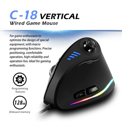 Rato Gaming com Fio Zelotes C-18, 11 Botões Programáveis, Motor Laser 10000DPI, Faixa de Luz RGB, 128KB, Rato Vertical para Portátil e PC