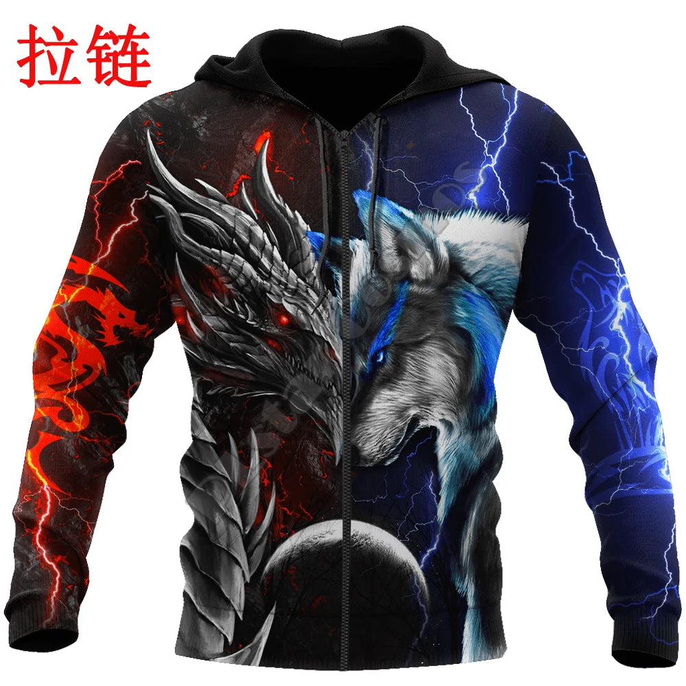 Rød og blå drage & ulv 3D-printet mode-hættetrøje til mænd, efterår, unisex streetwear, casual lynlåsjakke og pullover KJ494