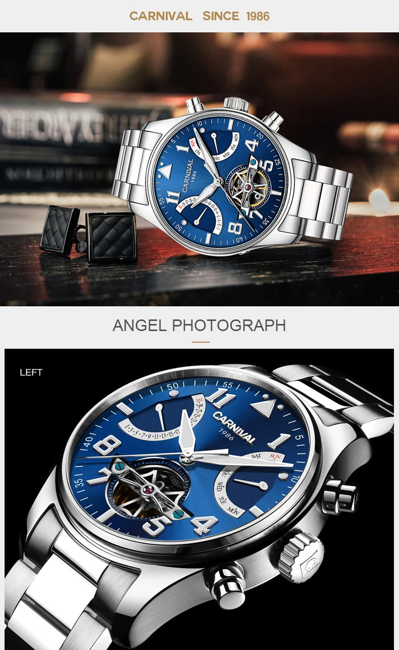 CARNIVAL Fashion Tourbillon Mechanical Watches for Man Automatic Watch Sapphire Waterproof Calendar Luminous Relogio Masculino