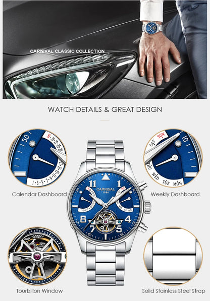 CARNIVAL Fashion Tourbillon Mechanical Watches for Man Automatic Watch Sapphire Waterproof Calendar Luminous Relogio Masculino