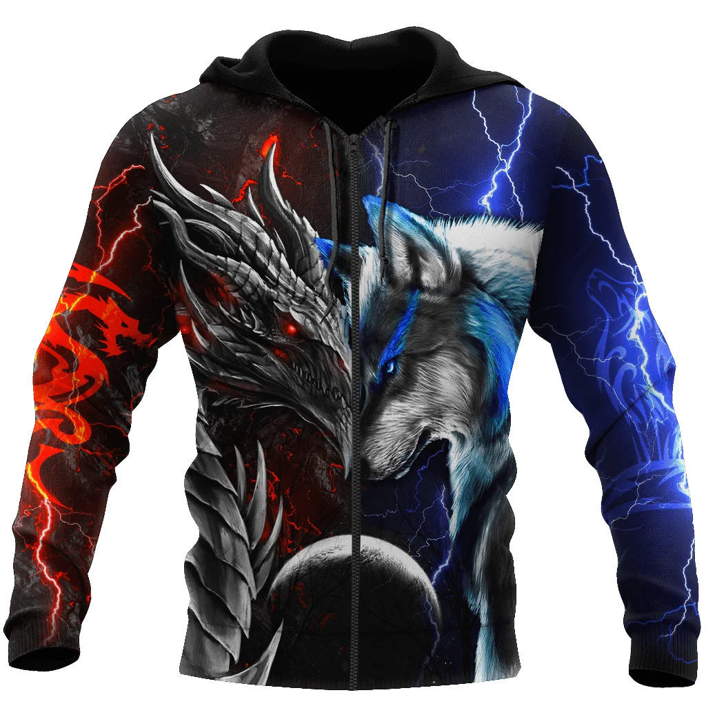 Rød og blå drage & ulv 3D-printet mode-hættetrøje til mænd, efterår, unisex streetwear, casual lynlåsjakke og pullover KJ494