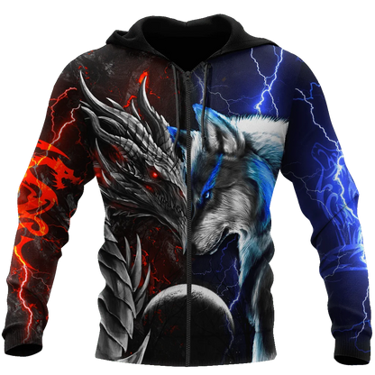 Rød og blå drage & ulv 3D-printet mode-hættetrøje til mænd, efterår, unisex streetwear, casual lynlåsjakke og pullover KJ494
