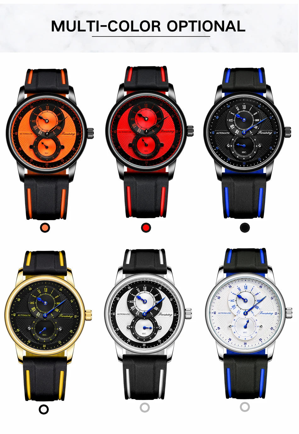 Men Wristwatch Blue White Dial Automatic Transparent Mechanical Watch Silicone Rubber Band Male Sport Clock Relogio Masculino