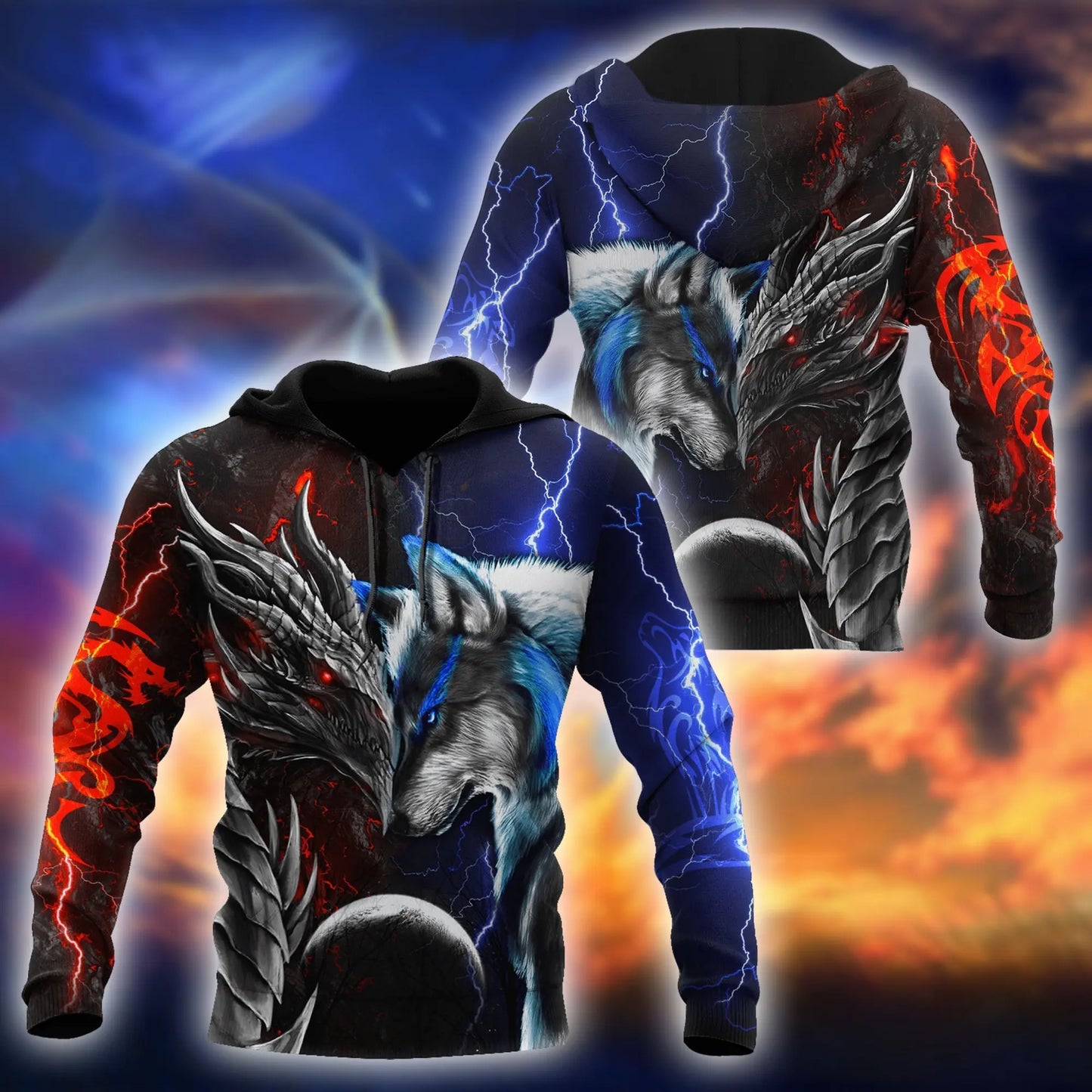 Rød og blå drage & ulv 3D-printet mode-hættetrøje til mænd, efterår, unisex streetwear, casual lynlåsjakke og pullover KJ494