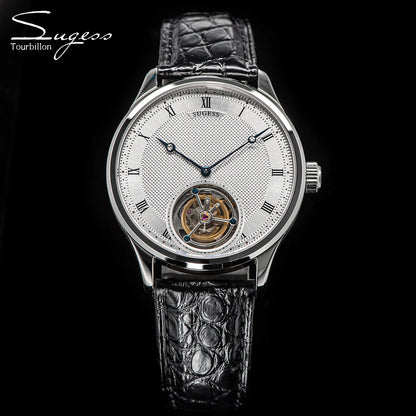 Sugess Tourbillon Men Watches ST8230 Genuine Tianjin Movement Mechanical Vintage Skeleton Wristwatch Elegant Crocodile Leather