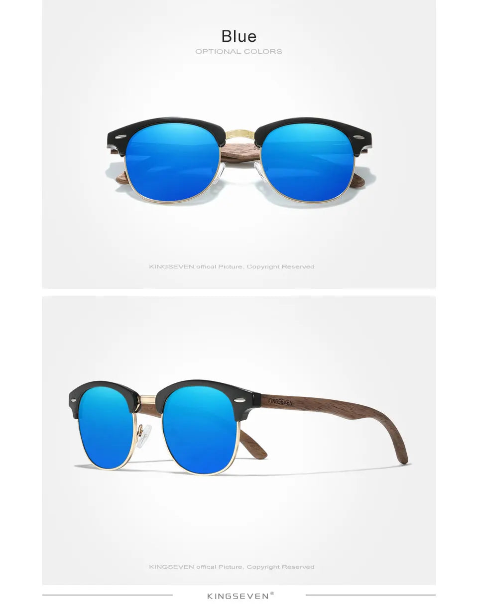 KINGSEVEN New Walnut Wooden Sunglasses For Men Polarized Semi-Rimless Glasses UV400 Eye Protection Retro Eyewear Women Accessory