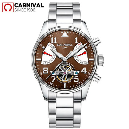 CARNIVAL Fashion Tourbillon Mechanical Watches for Man Automatic Watch Sapphire Waterproof Calendar Luminous Relogio Masculino