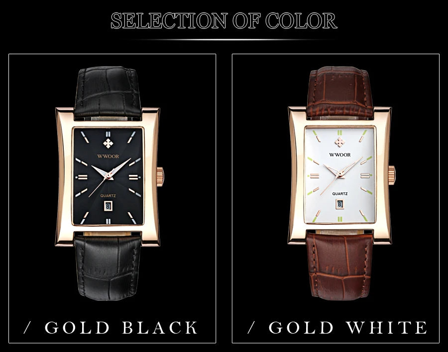 WWOOR Brand Classic Fashion Mens Rectangle Watches Male Gold Brown Leather Quartz Waterproof Wrist Watch For Men Calendar Clocks