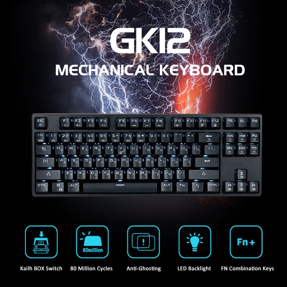 HEXGEARS Mechanical Keyboard Gaming Hot-Swappable Switch Russian 87 Key Waterproof Kailh BOX Switch Keyboard Custom Macro GK12