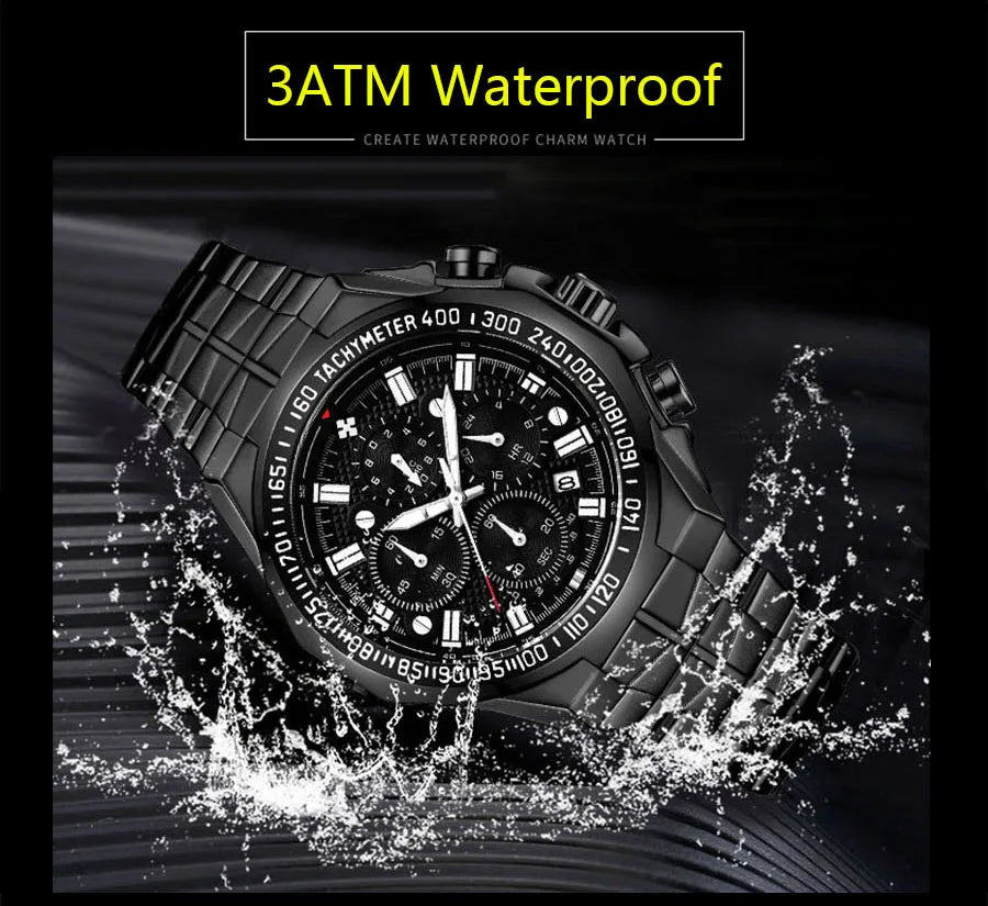 WWOOR Top Brand Luxury Sport Watch For Men Quartz Chronograph Date Luminous Black Full Steel Wrist Watch Male Clock Reloj Hombre