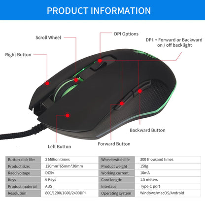 Kolorowa, podświetlana mysz USB-C z wyciszonym kliknięciem do notebooka Type-C – mysz gamingowa