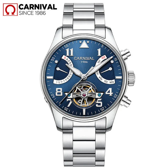 CARNIVAL Fashion Tourbillon Mechanical Watches for Man Automatic Watch Sapphire Waterproof Calendar Luminous Relogio Masculino