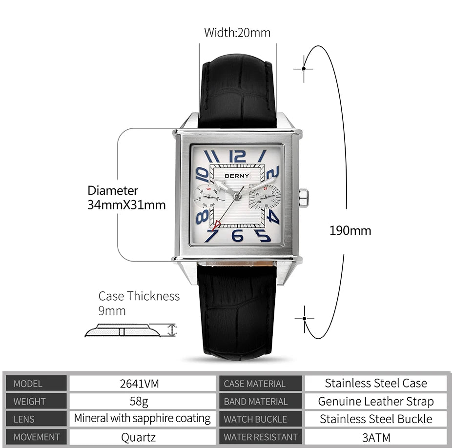 BERNY 6P25 Quartz Watch for Men Golden New Square Wristwatch Vintage Day Top Leather 3ATM Waterproof Luxury Watch Male