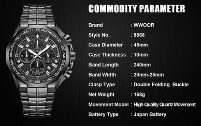 WWOOR Top Brand Luxury Sport Watch For Men Quartz Chronograph Date Luminous Black Full Steel Wrist Watch Male Clock Reloj Hombre