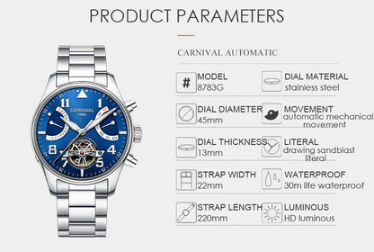 CARNIVAL Fashion Tourbillon Mechanical Watches for Man Automatic Watch Sapphire Waterproof Calendar Luminous Relogio Masculino