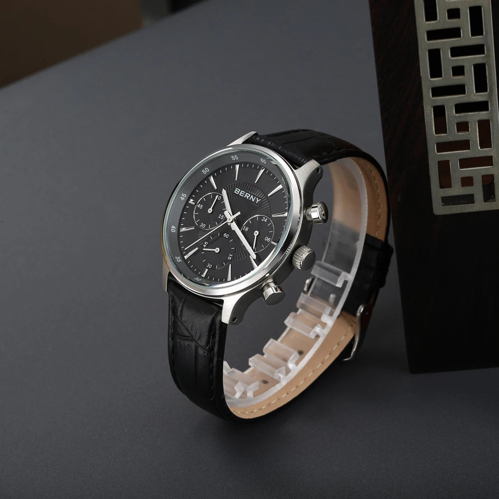 BERNY 24H Chronograph Watch for Men Luxury VD54 Watches Fashion Waterproof Genuine Leather Strap Quartz Sport Men's Wristwatch