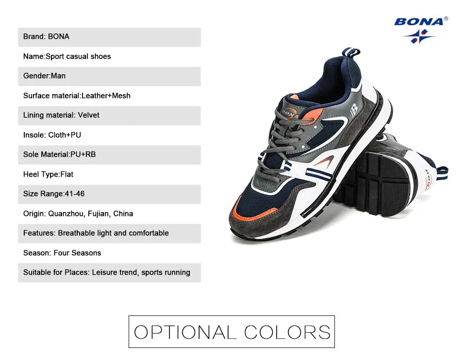 BONA Neue Designer-Action-Leder-Sportschuhe für Herren, Sneaker, Laufschuhe, Tennis- und Walkingschuhe, trendige Fitness-Footwear