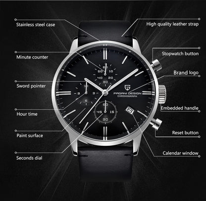 PAGANI DESIGN Men's Fashion Casual Brand Watch Waterproof 30m Luxury Leather Sports Quartz Chronograph VK67 Relogio Masculino