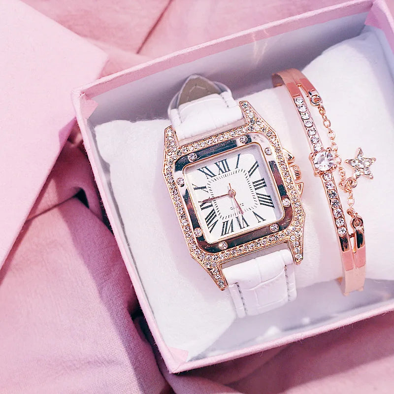 Square Women Watches Waterproof Luxury Rhinestone Quartz Wristwatch PU Leather Ladies Watch Female Ladies Watch Gift Wrist Watch